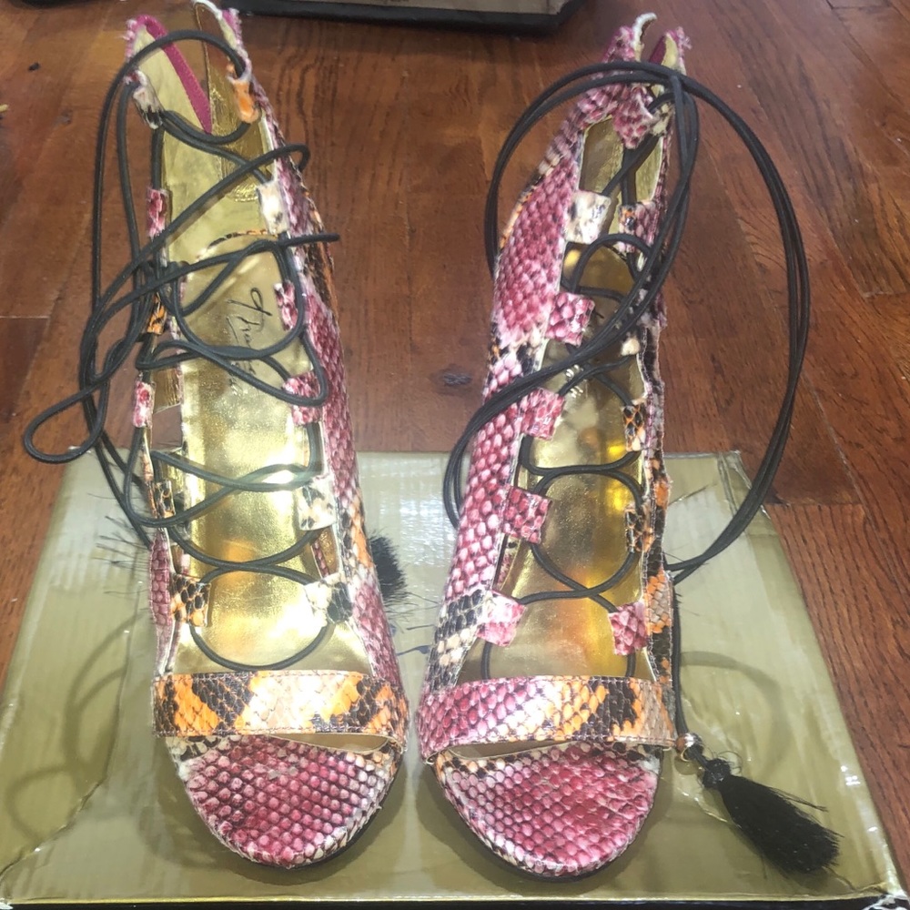 Thalia Sodi pink and orange snake lace up sandals